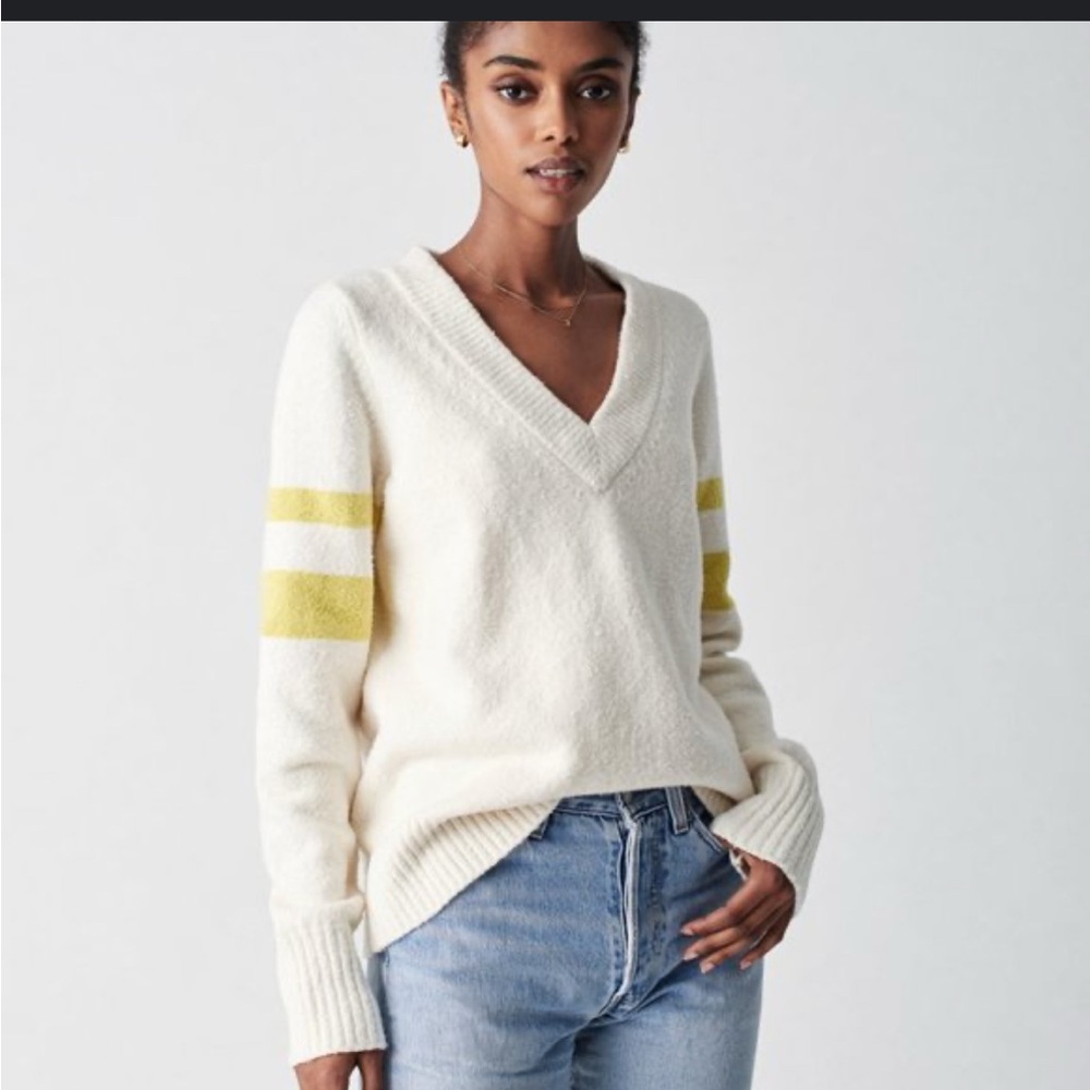 Faherty Cream and Yellow V-Neck Sweater